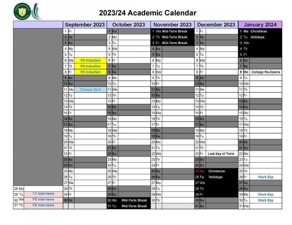Sligo College of Further Education Academic Calendar